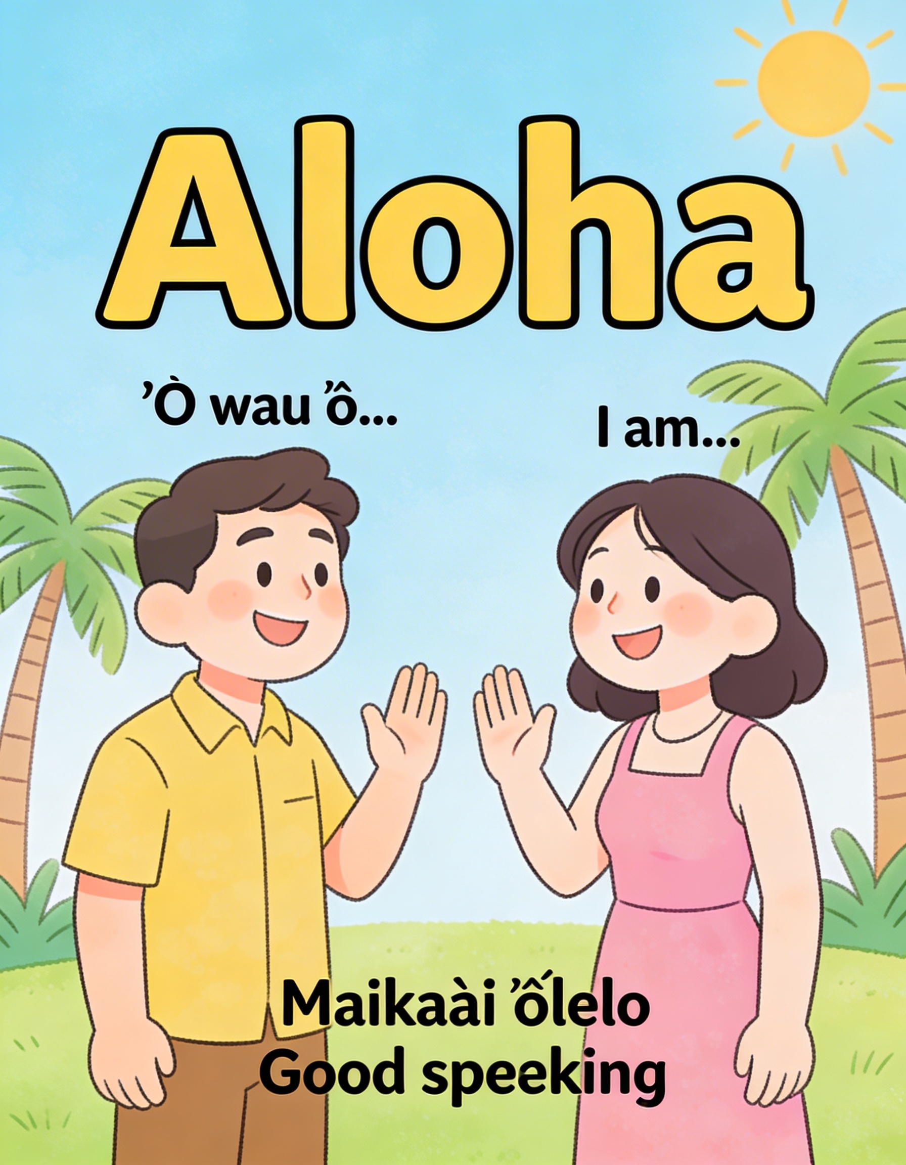 Scenic view of a Hawaiian beach with palm trees and ocean, representing the beauty of the Hawaiian language and culture